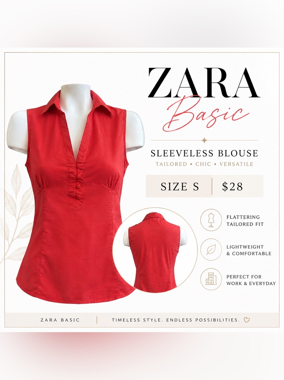 Zara Red Sleeveless Button-Front Blouse